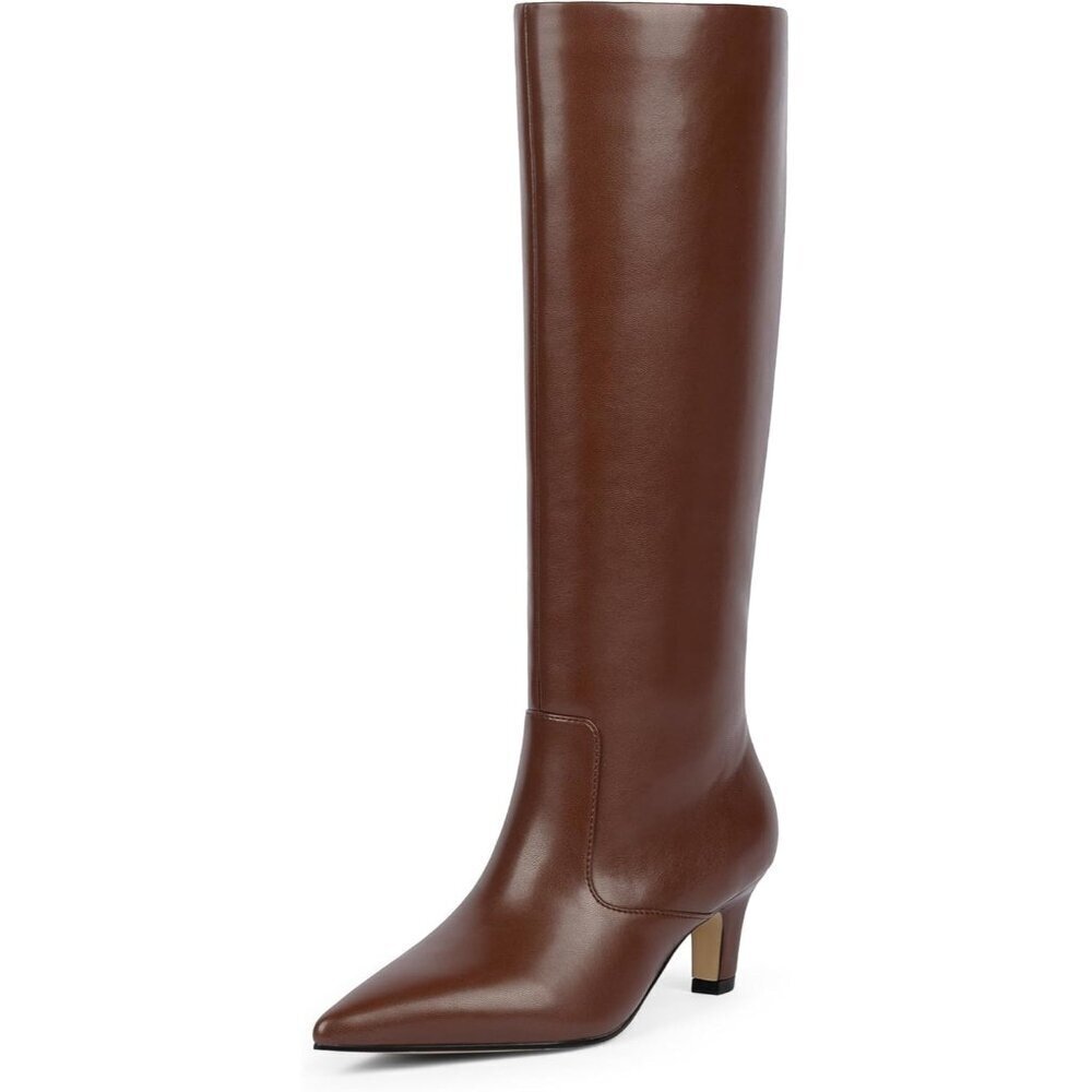 Women's Brown Pu Pointed Toe Kitten Low Heel Faux Leather Fall Long Boots
